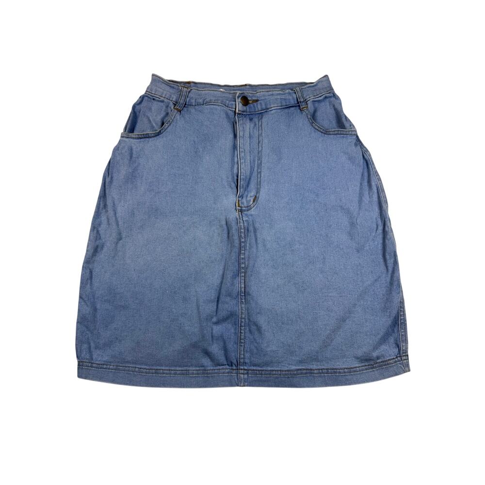 Vintage JUMP Denim Skirt Womens M Light Wash High Waist Midi Made USA 90s